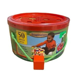 Vintage Imaginarium Wooden Block Set Sorter Toy Building NEW 50 Pieces W/ Bucket